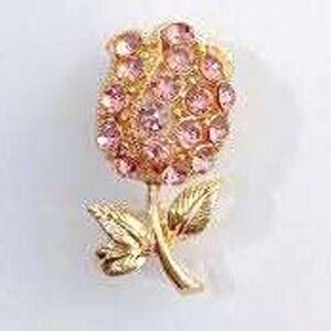 New Boutique Gold Pink Rhinestone Rose Brooch Pin 1.5x1 Inch Floral Lapel Gift